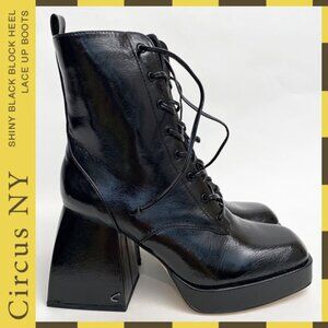NWT Circus NY By Sam Edelman Shiny Black Block Heel Lace Up Boots Size 7 1/2